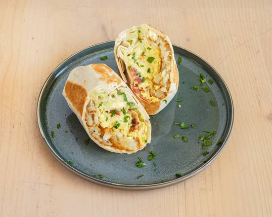 Breakfast Wrap — scrambled egg, bacon, cream cheese, hashbrown and avo